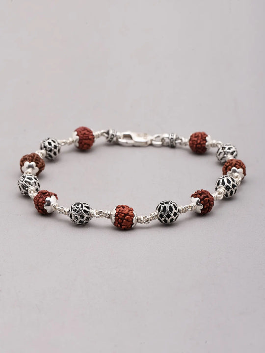 Rudraksha and Sterling Silver Lattice Bead Bracelet
