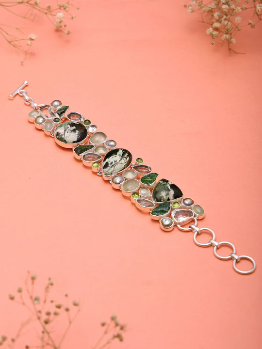 Moss Agate, Prehnite and Pearl Multi-Stone Silver Bracelet