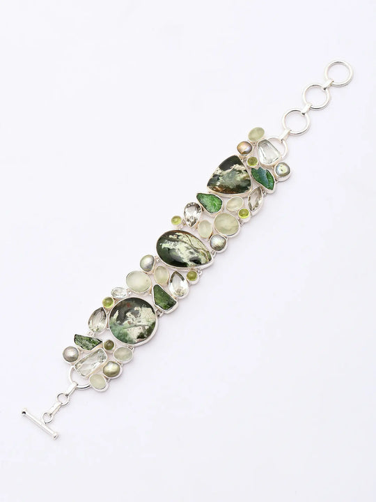Moss Agate, Prehnite and Pearl Multi-Stone Silver Bracelet