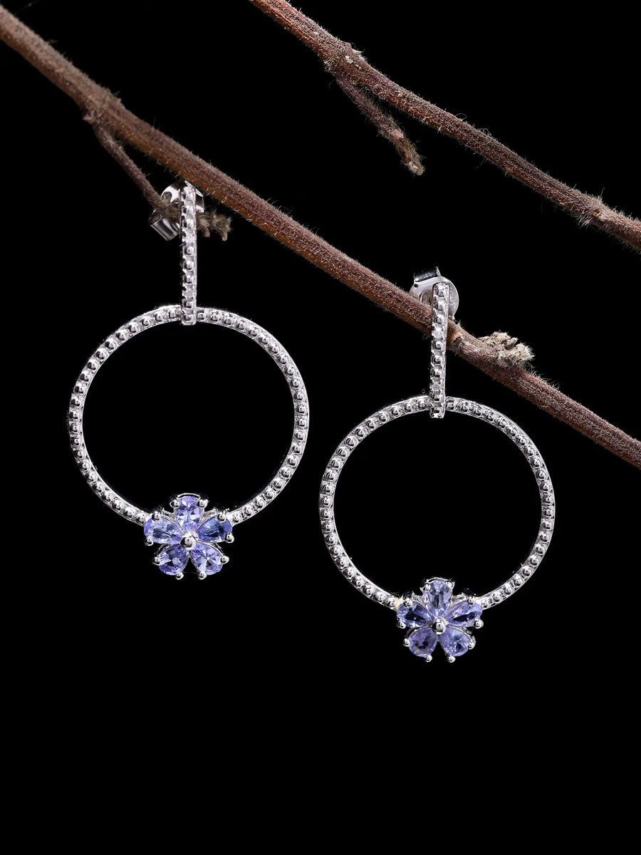Tanzanite Floral Sterling Silver Hoop Earrings