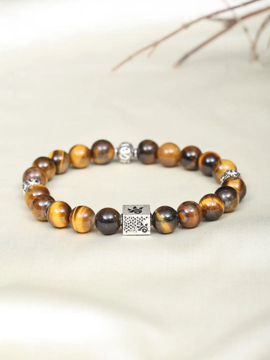 Tiger's Eye Bead Sterling Silver Elasticated Bracelet