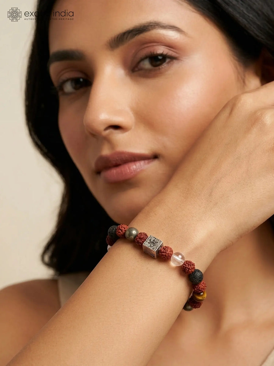 Rudraksha and Multi Stone Sterling Silver Stretch Bracelet