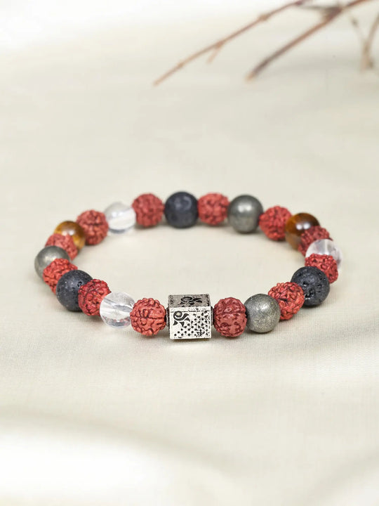 Rudraksha and Multi Stone Sterling Silver Stretch Bracelet