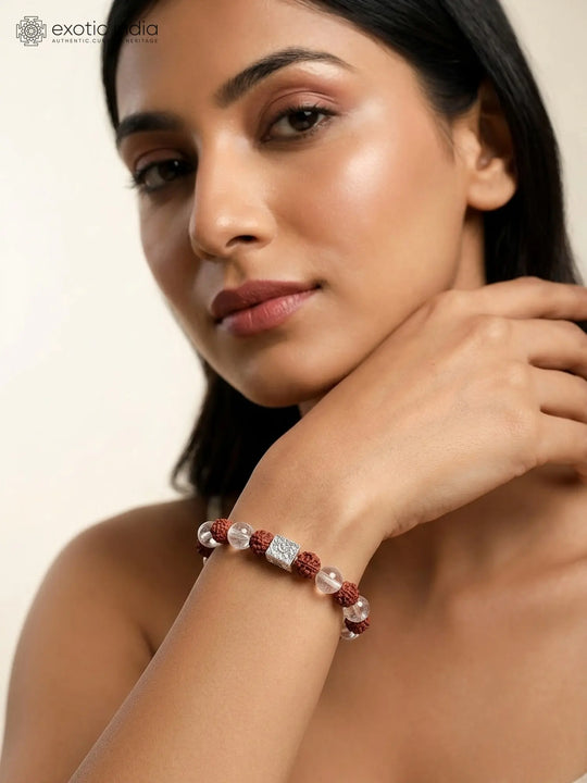 Rudraksha and Clear Quartz Sterling Silver Stretch Bracelet