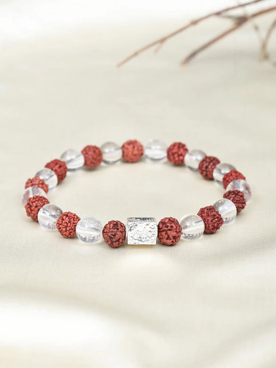 Rudraksha and Clear Quartz Sterling Silver Stretch Bracelet