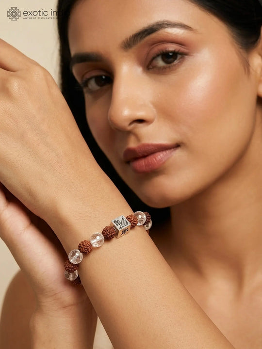 Rudraksha and Faceted Clear Quartz Sterling Silver Bracelet