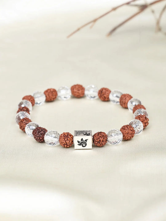 Rudraksha and Faceted Clear Quartz Sterling Silver Bracelet