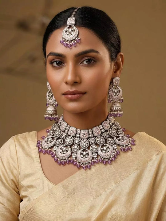 Lavender Brass Choker Necklace Set with Jhumka Earrings and Maang Tikka