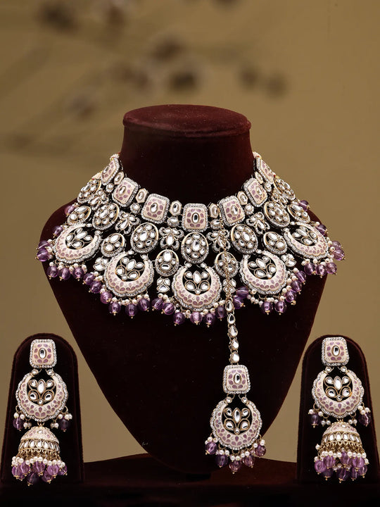 Lavender Brass Choker Necklace Set with Jhumka Earrings and Maang Tikka