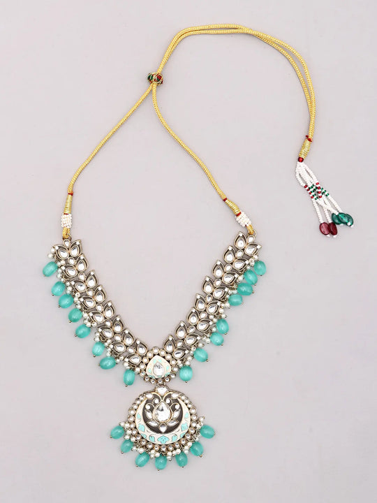 Mint Green Kundan Necklace Set with Earrings and Maang Tikka