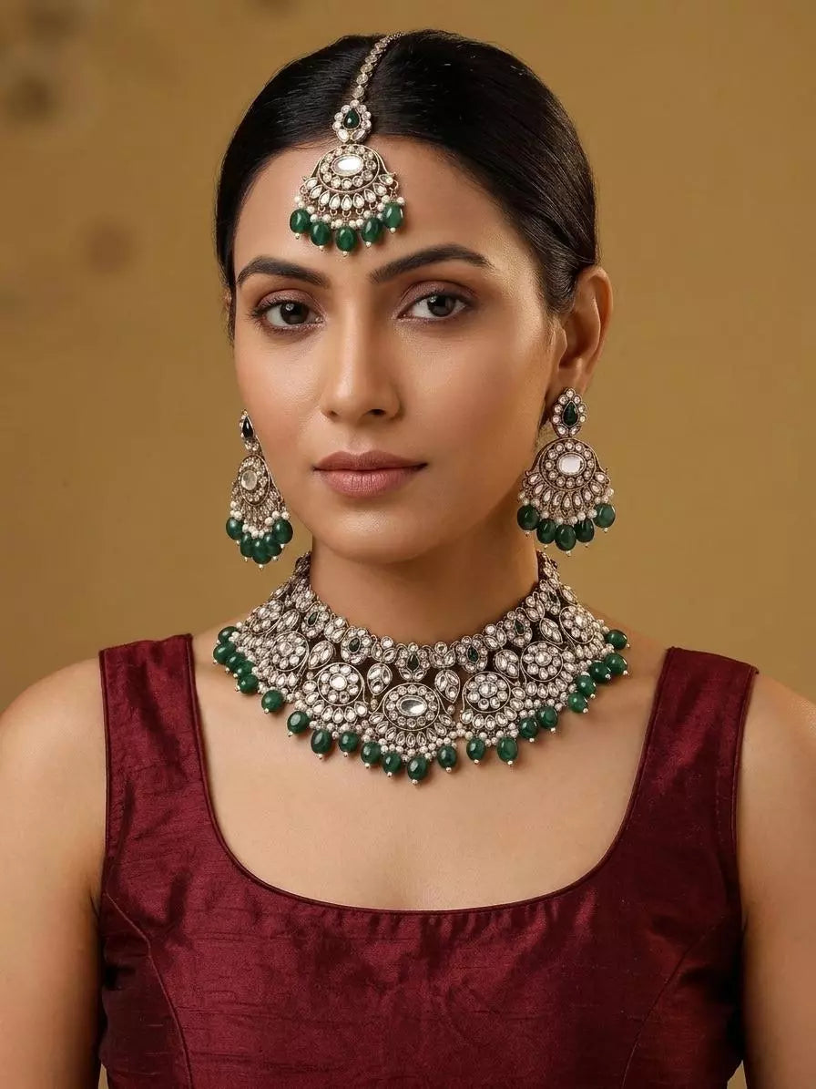 Deep Green Beaded Brass Necklace Earrings and Maang Tikka Set