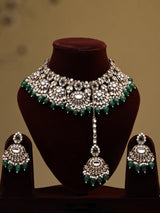 Deep Green Beaded Brass Necklace Earrings and Maang Tikka Set