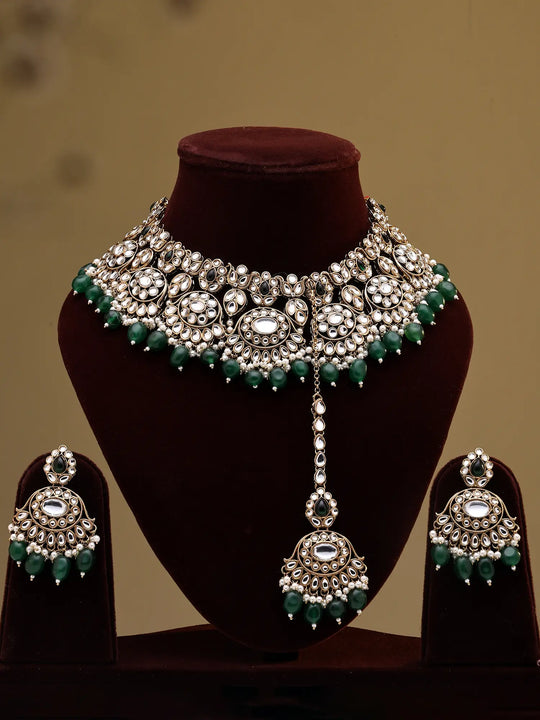 Deep Green Beaded Brass Necklace Earrings and Maang Tikka Set