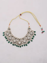 Deep Green Beaded Brass Necklace Earrings and Maang Tikka Set