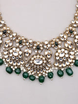 Deep Green Beaded Brass Necklace Earrings and Maang Tikka Set