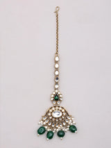 Deep Green Beaded Brass Necklace Earrings and Maang Tikka Set