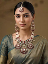 Pearl and Red Stone Necklace Set with Earrings and Maang Tikka