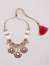 Pearl and Red Stone Necklace Set with Earrings and Maang Tikka