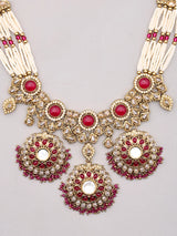 Pearl and Red Stone Necklace Set with Earrings and Maang Tikka