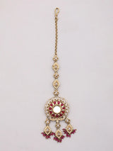 Pearl and Red Stone Necklace Set with Earrings and Maang Tikka