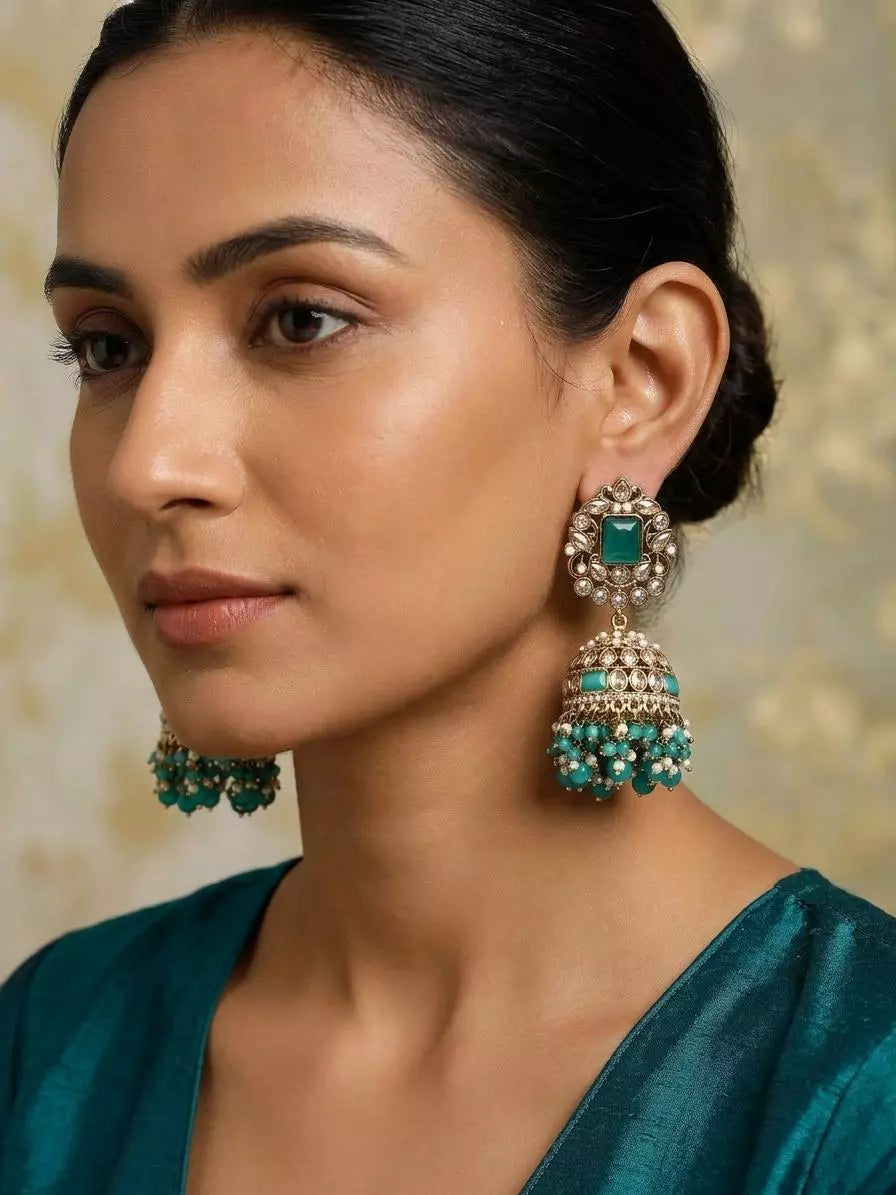 Emerald Green Kundan Jhumka Earrings with Pearl Drops