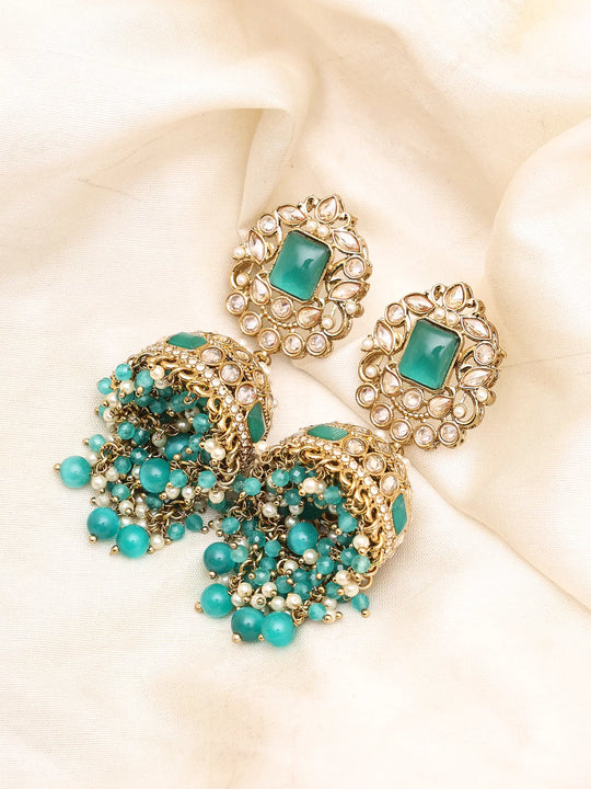 Emerald Green Kundan Jhumka Earrings with Pearl Drops