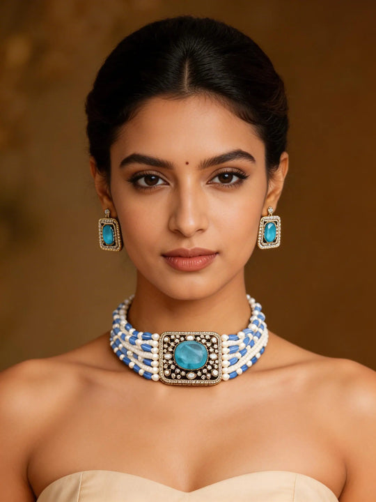 Blue and Pink Kundan Multi-Strand Choker Set with Earrings