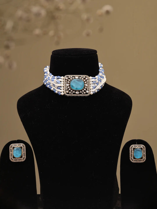 Blue and Pink Kundan Multi-Strand Choker Set with Earrings