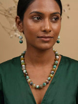 Mist Green Beaded Brass Necklace with Drop Earrings Set