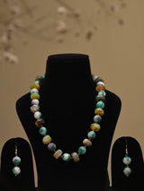 Mist Green Beaded Brass Necklace with Drop Earrings Set