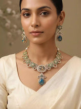 Floral Blue and Green Stone Studded Brass Necklace Set with Earrings