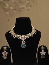 Floral Blue and Green Stone Studded Brass Necklace Set with Earrings