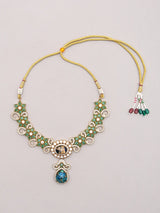 Floral Blue and Green Stone Studded Brass Necklace Set with Earrings
