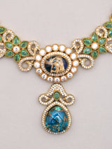 Floral Blue and Green Stone Studded Brass Necklace Set with Earrings