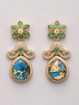 Floral Blue and Green Stone Studded Brass Necklace Set with Earrings