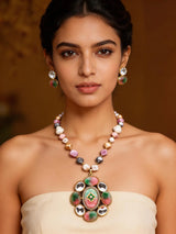 Pastel Mosaic Stone Necklace Set with Earrings in Brass
