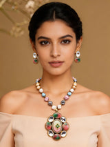 Pastel Mosaic Stone Necklace Set with Earrings in Brass