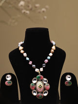 Pastel Mosaic Stone Necklace Set with Earrings in Brass
