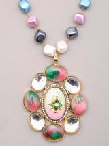 Pastel Mosaic Stone Necklace Set with Earrings in Brass