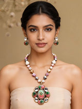 Pastel Mosaic Stone Necklace Set with Earrings in Brass