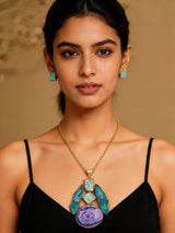 Blue and Purple Stone Studded Brass Pendant Necklace Set with Earrings