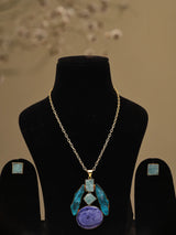 Blue and Purple Stone Studded Brass Pendant Necklace Set with Earrings