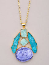 Blue and Purple Stone Studded Brass Pendant Necklace Set with Earrings