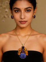 Blue and Purple Stone Studded Brass Pendant Necklace Set with Earrings