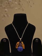 Blue and Purple Stone Studded Brass Pendant Necklace Set with Earrings