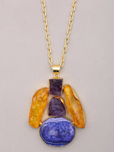 Blue and Purple Stone Studded Brass Pendant Necklace Set with Earrings