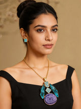 Blue and Purple Stone Studded Brass Pendant Necklace Set with Earrings