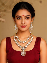 White Kundan Double Layer Necklace Set with Earrings