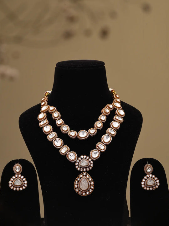 White Kundan Double Layer Necklace Set with Earrings