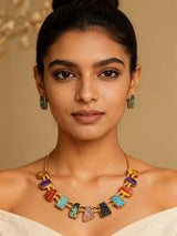 Multicolour Stone Studded Brass Necklace Set with Stud Earrings